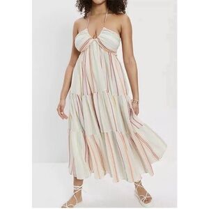 Aerie Halter Maxi Rainbow Striped Sun Dress